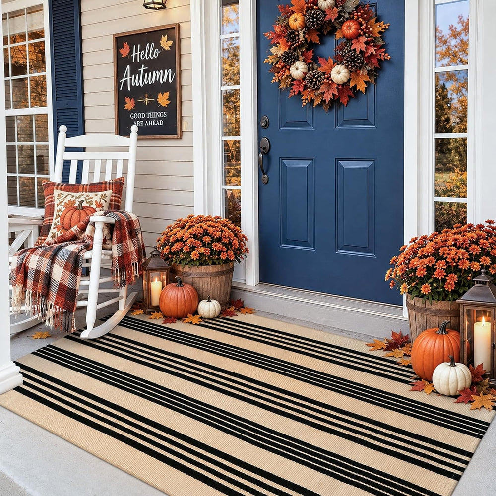 Striped Outdoor Rugs 3x5, Cotton Washable Fall Front Door Mat Decor