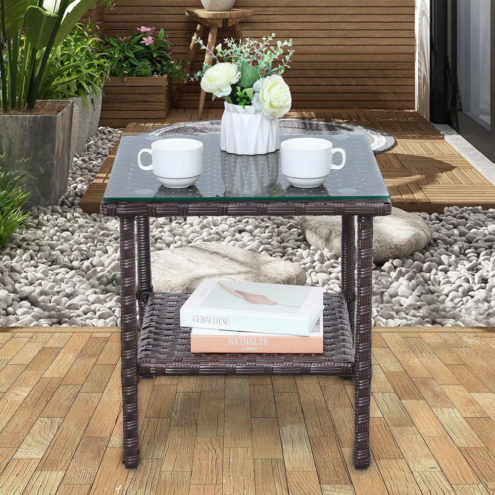 Outdoor Wicker Glass Top Side Table - Patio Balcony Deck Pool Square End Tabl...
