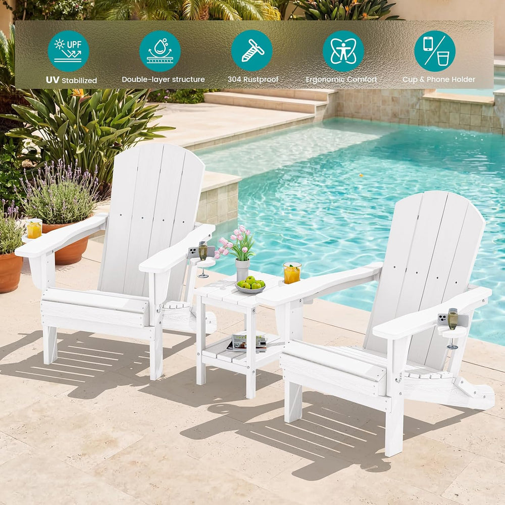 SERWALL Outdoor Adirondack Chairs with 2 Cup Holders,Foldable,White