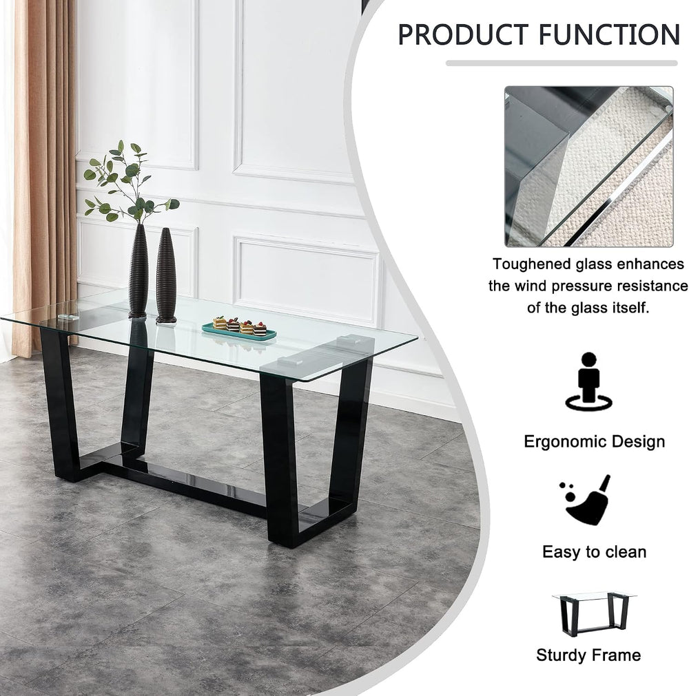 Ebullient Glass Dining Table, Modern Dining Table, 63" Tempered Glass Ta...