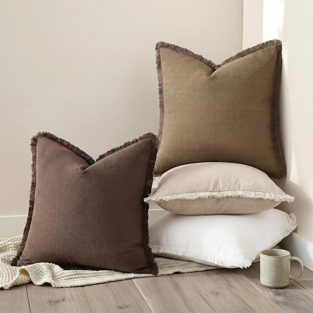 decorUhome Linen Fringe Chocolate Throw Pillow Covers 26x26 Set of 2