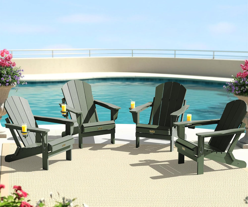 SERWALL Folding Adirondack Chairs Set of 4,Patio Chair with Cup Holder-Army