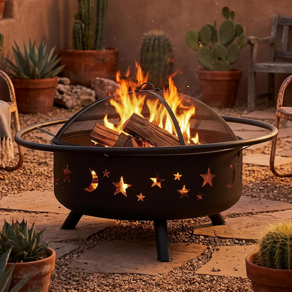 Sunnydaze Cosmic 42" Large Fire Pit for Outside Wood Burning, Round, Metal