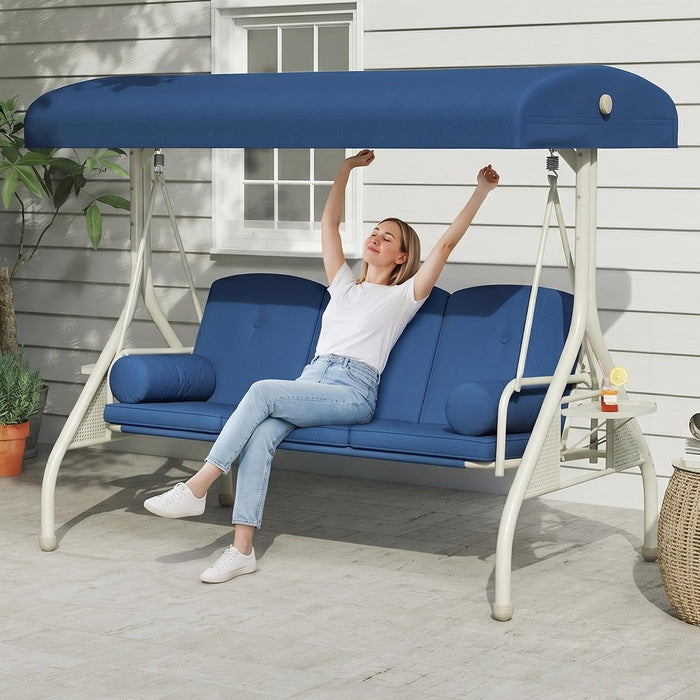 Patio Swings with Canopy, Modern Porch Swing with Stand, 3 Person Outdoor Swing, 2 in 1 Patio Swing Bed with Cushions and Cupholders, Metal Bed Swings for Porch/Outside/Backyard/Garden, Blue