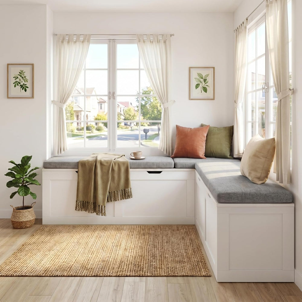 63” Breakfast Nook Bench, L Shaped Storage Bench with Cushion, White