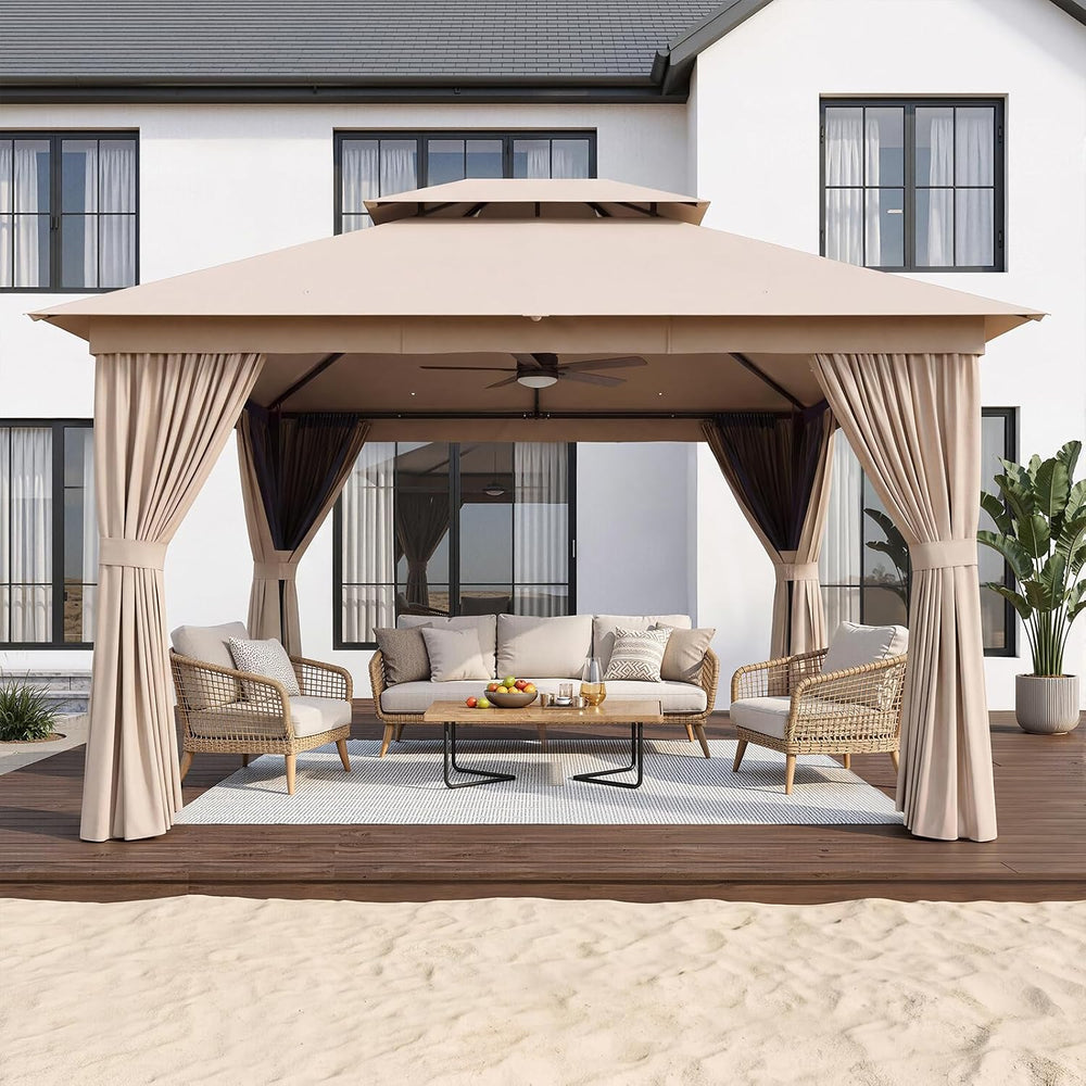 Aoxun 12'x10' Outdoor Gazebo with Curtain & Mosquito Netting, Beige