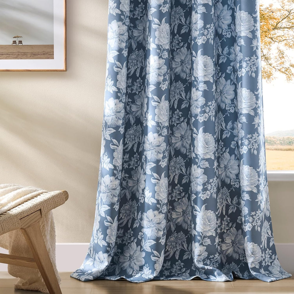 Blue Floral Curtains 96 Inches Long 2 Panels for Living Room Grommet Modern M...
