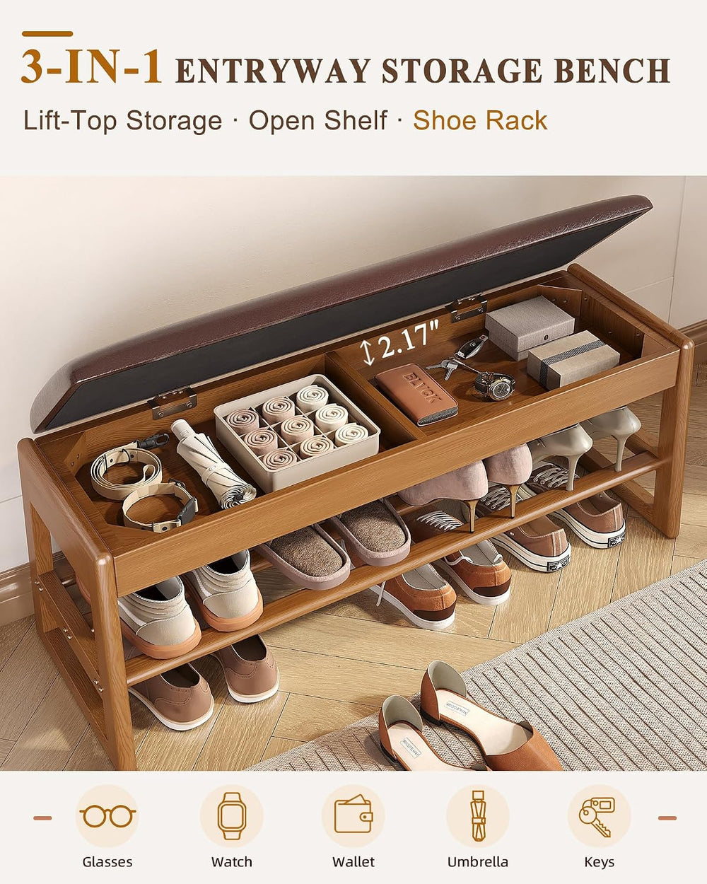 Shoe Rack Bench with Hidden Storage, 2-Tier Solid Rubberwood Entryway Bench w...