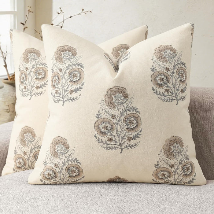 Vintage Floral Print Fall Pillow Covers 22x22 Set of 2 Patterned Accent Decorative Cushion Covers Modern Farmhouse Throw Pillow Covers for Sofa Couch Chair Bed Living Room Home Decor, Light Brown
