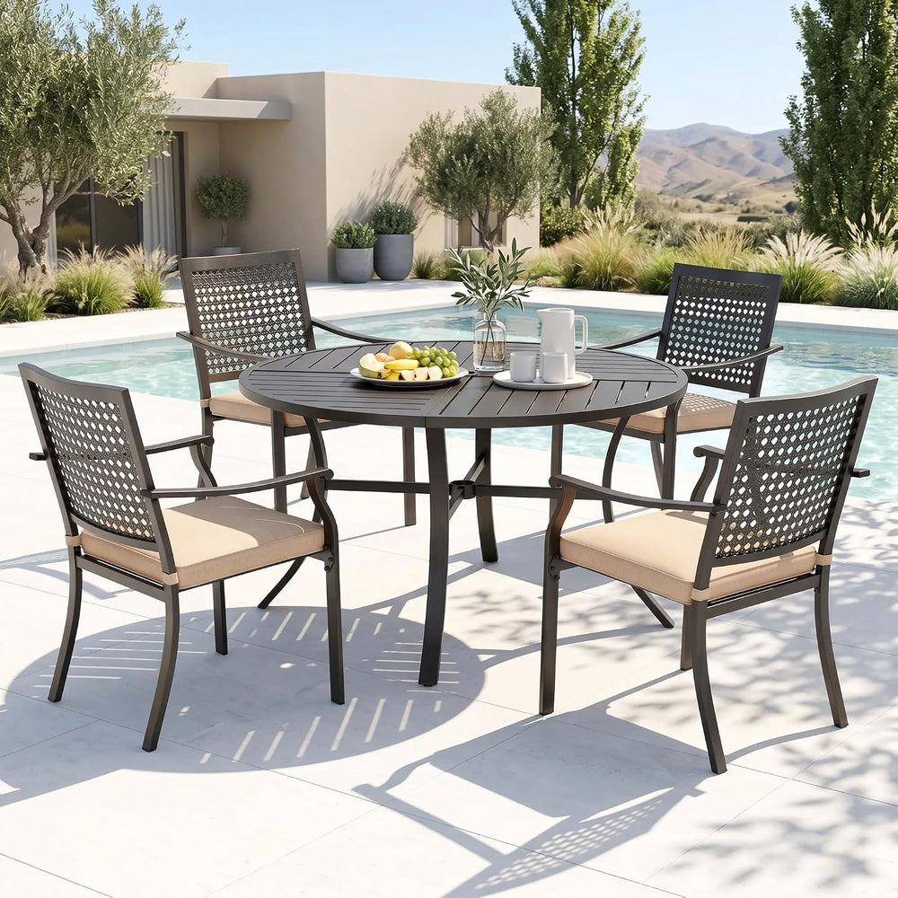 PHI VILLA Outdoor Dining Set for 4, 42" Round Metal Table w/Umbrella Hole