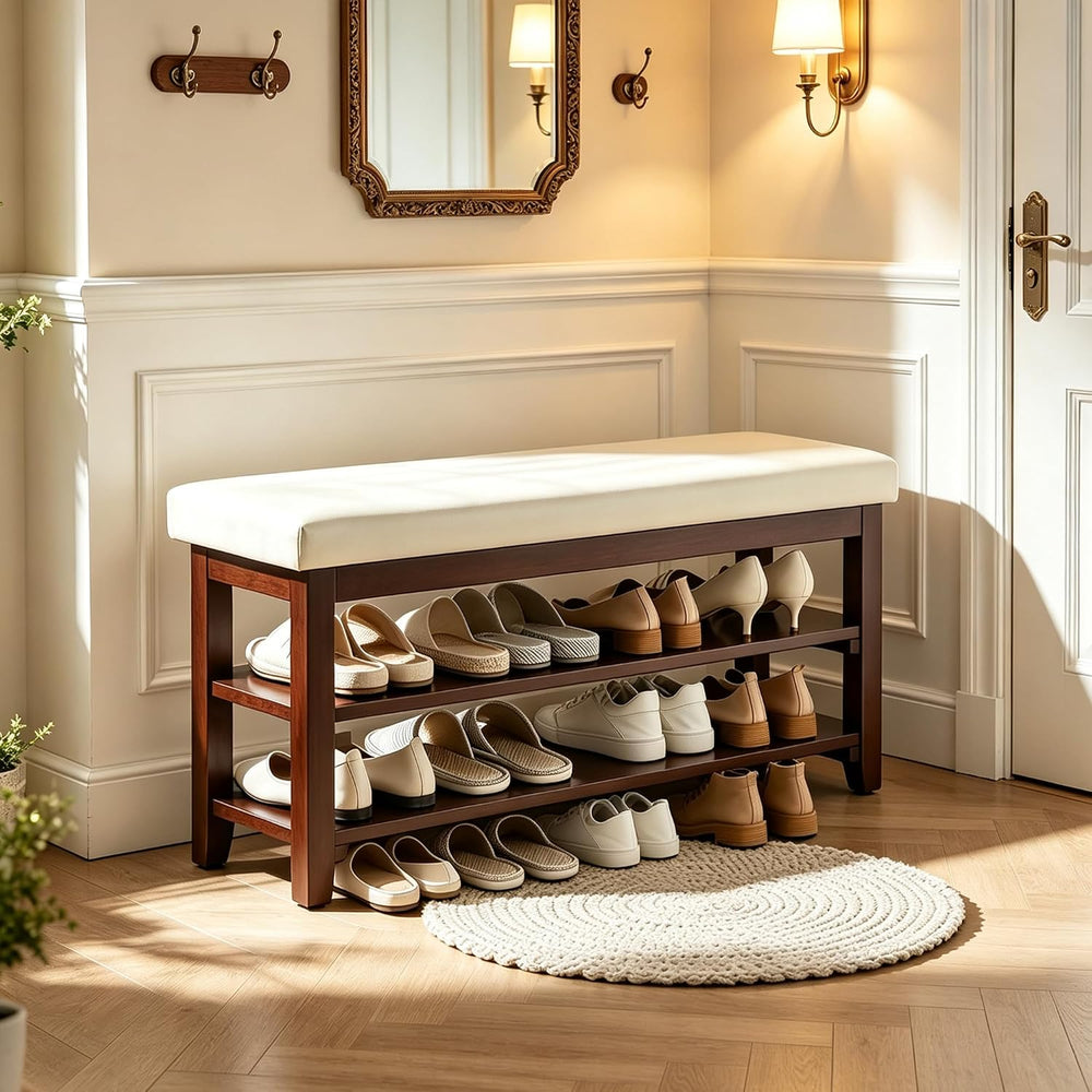 40" Shoe Bench with Leather Cushion, Upholstered Entryway Bench, Ivory
