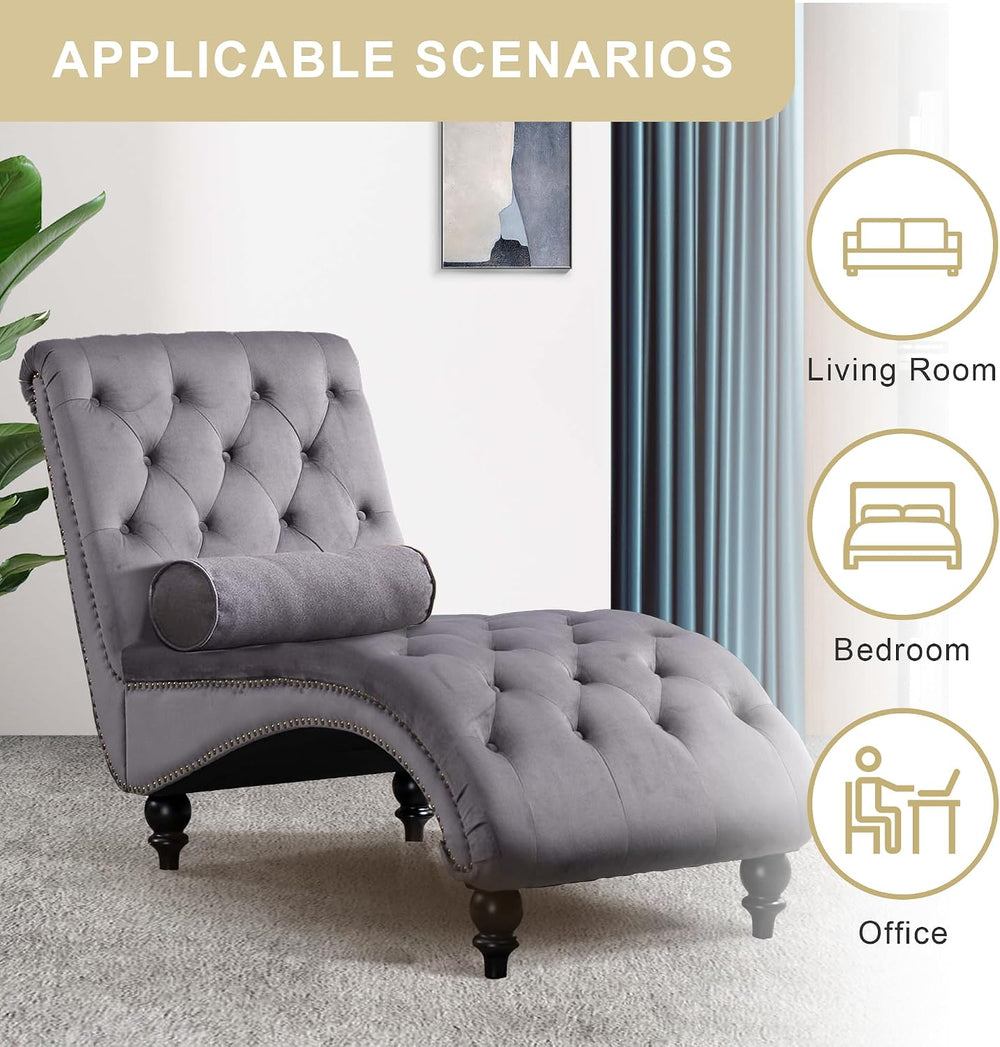 Chaise Lounge Indoor,Velvet Upholstered Lounge Chair Button-Tufted Armless Ch...