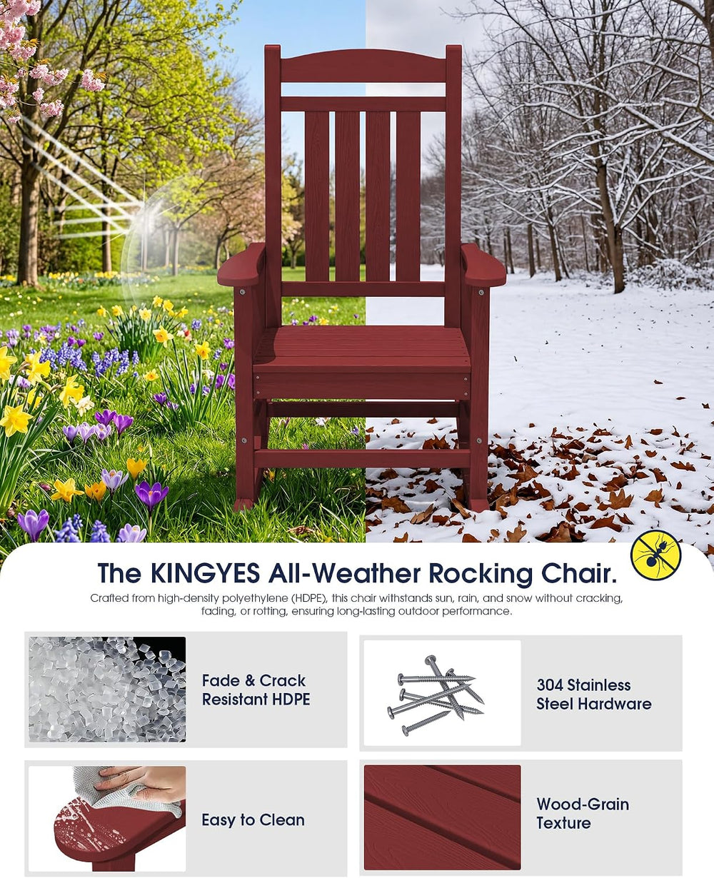 KINGYES Oversized Outdoor Rocking Chairs Set of 2, HDPE Porch Rockers, Red