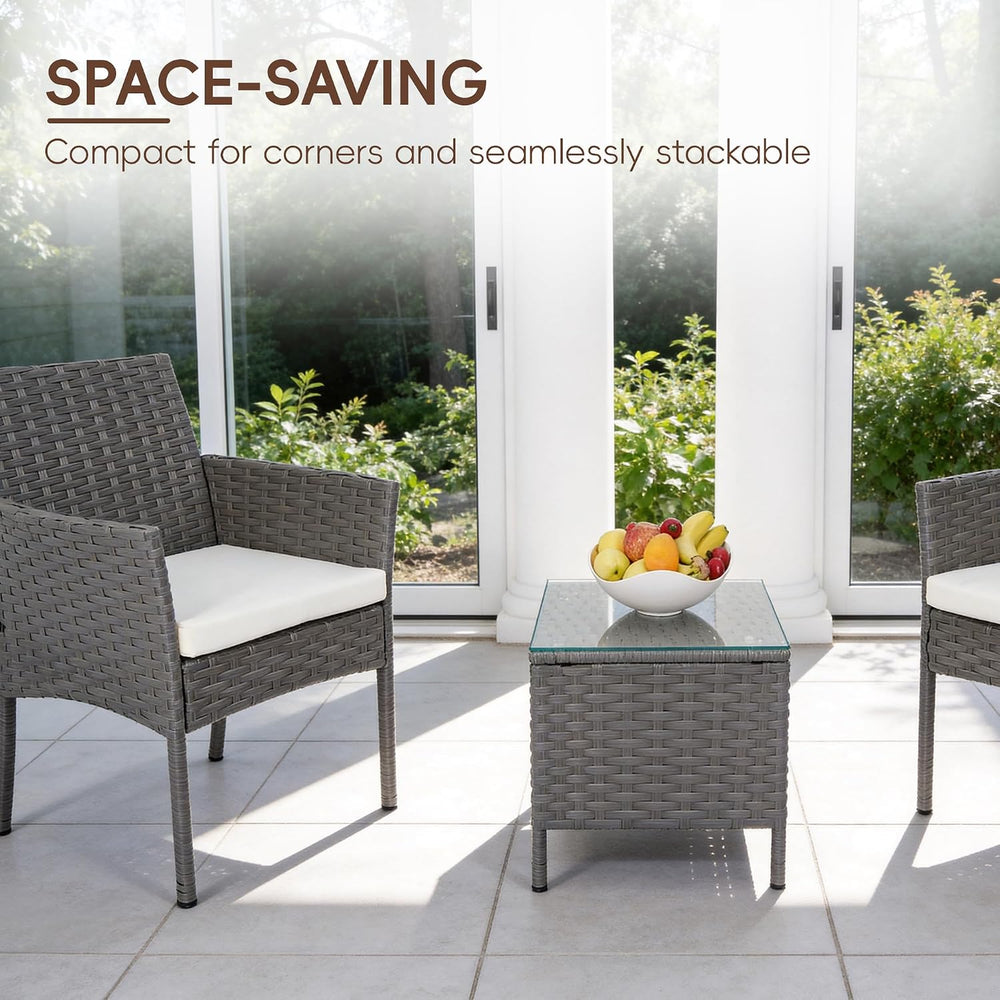 3 Piece Patio Furniture Set, Gray Wicker Chairs with Beige Cushion