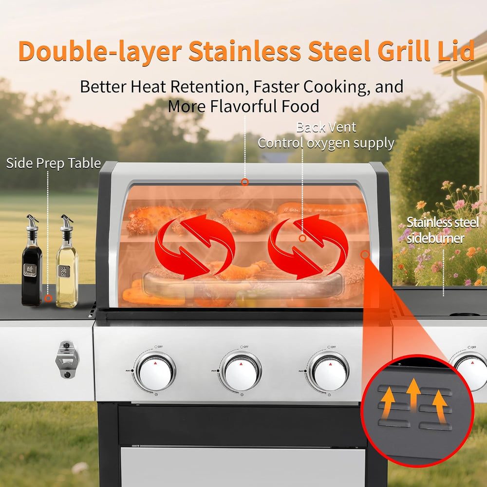 39000 BTU Output Propane Gas Grill with Side Burner and 3 Main Burners - Doub...