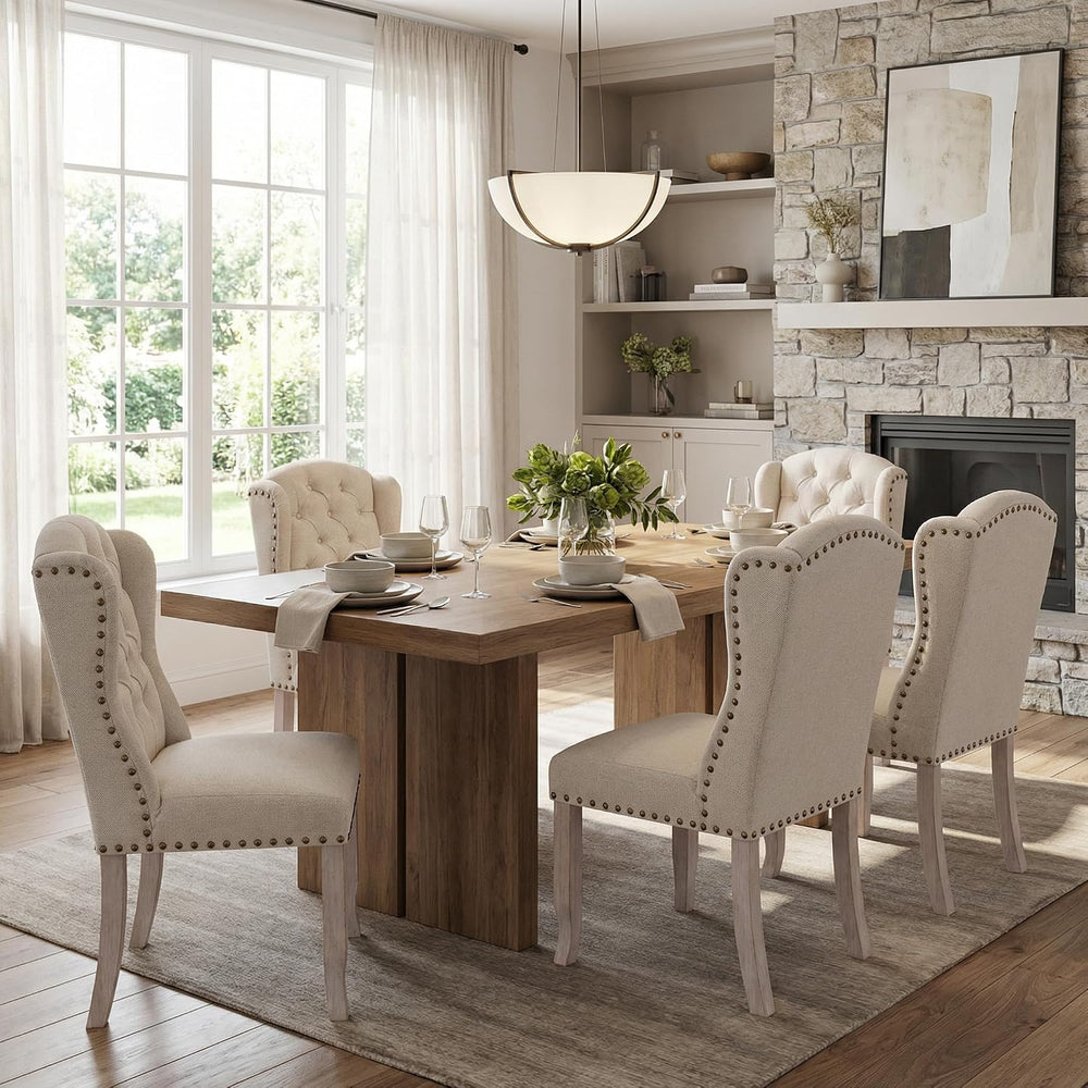 DUOMAY Modern Tufted Dining Chairs Set of 6, Linen Upholstered Dining Room Ch...