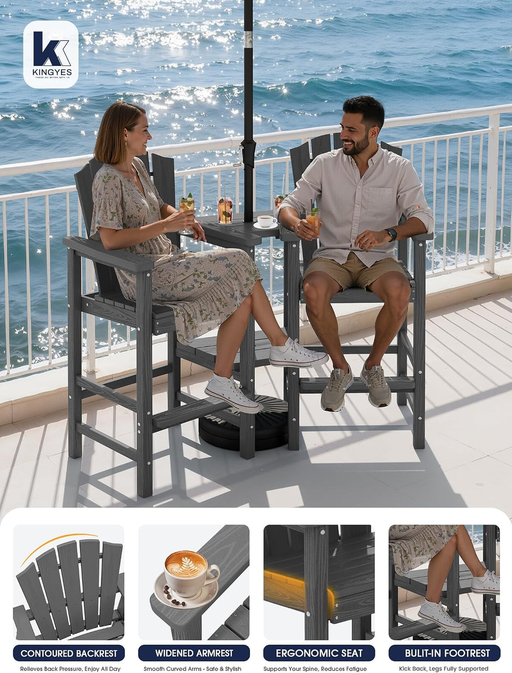 KINGYES Tall Adirondack Chair Set of 2 with Double Connecting Trays, Gray