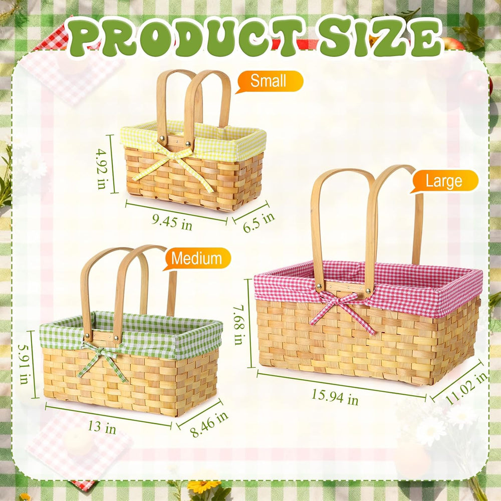 3 Pcs Different Sizes Picnic Basket with Handles Spring Plaid Gingham Checker...