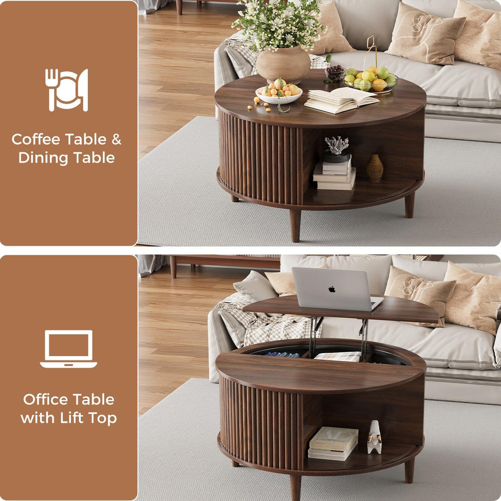 Lift Top Coffee Table with Storage, Fluted Round Center Table with Sliding Ca...