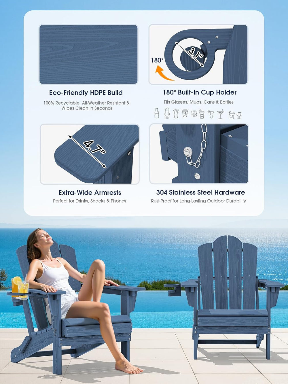 KINGYES Adjustable Adirondack Chairs Set of 2, Folding Outdoor Chair, Blue