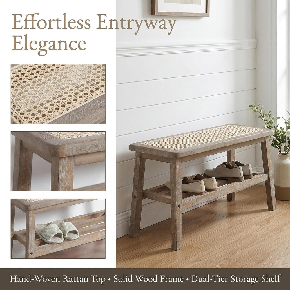 ROCITY 30 Inch Rattan Bench Wooden Entryway Bench with Shoe Rack