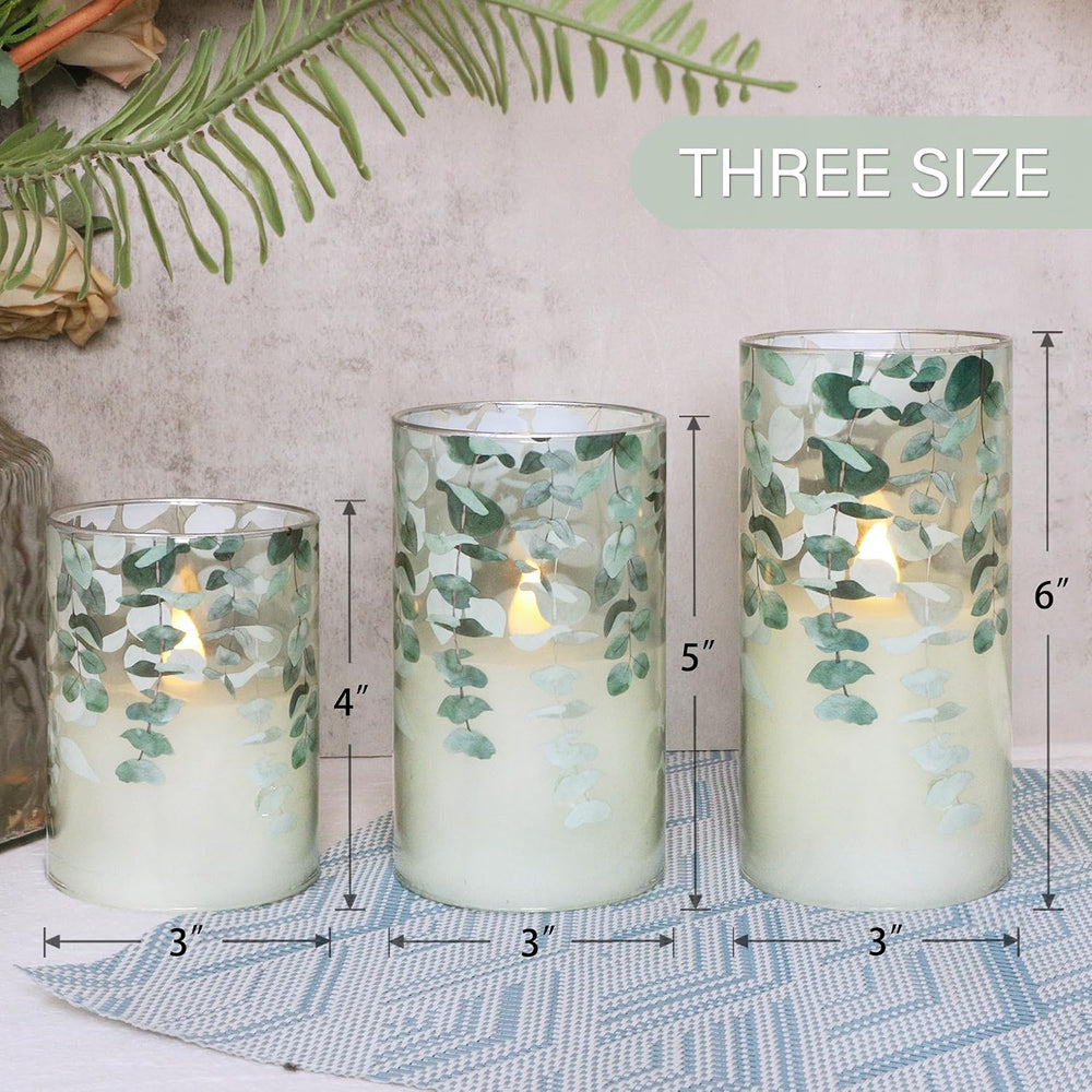 Green Glass Flameless Candles Remote Timer Eucalyptus Leaves Greenery Design ...