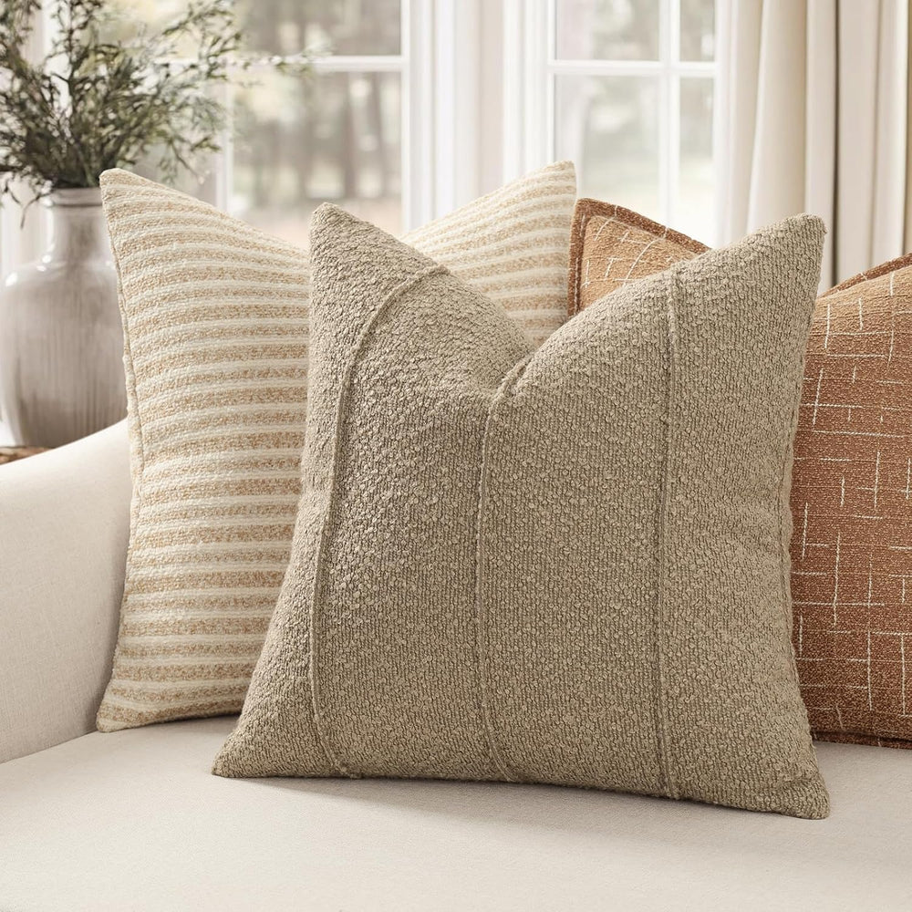 YCOLL Textured Boucle Throw Pillow Covers 24x24 Pack of 2 - Soft Neutral Stri...