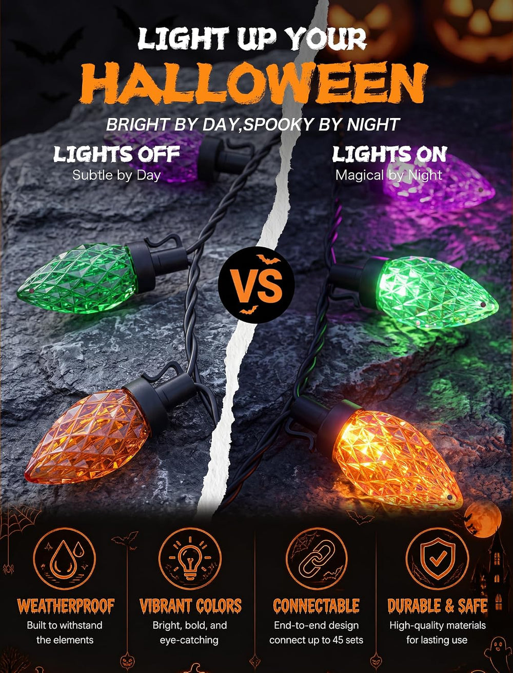 26FT C9 Halloween String Lights, 50 LED Orange Green Purple Diamond Lights