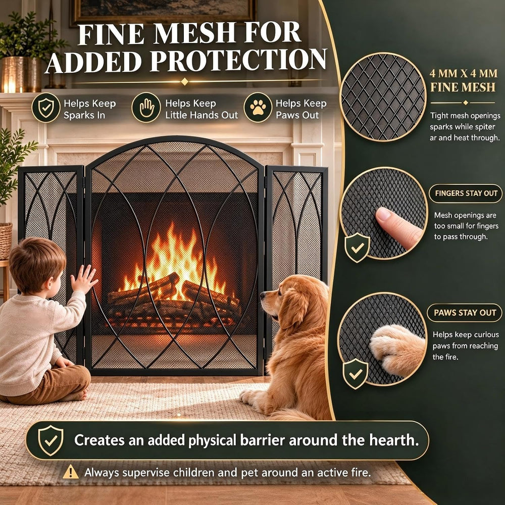 FEED GARDEN 3-Panel Fireplace Screen 48"W x 29.5"H Wrought Iron Spa...