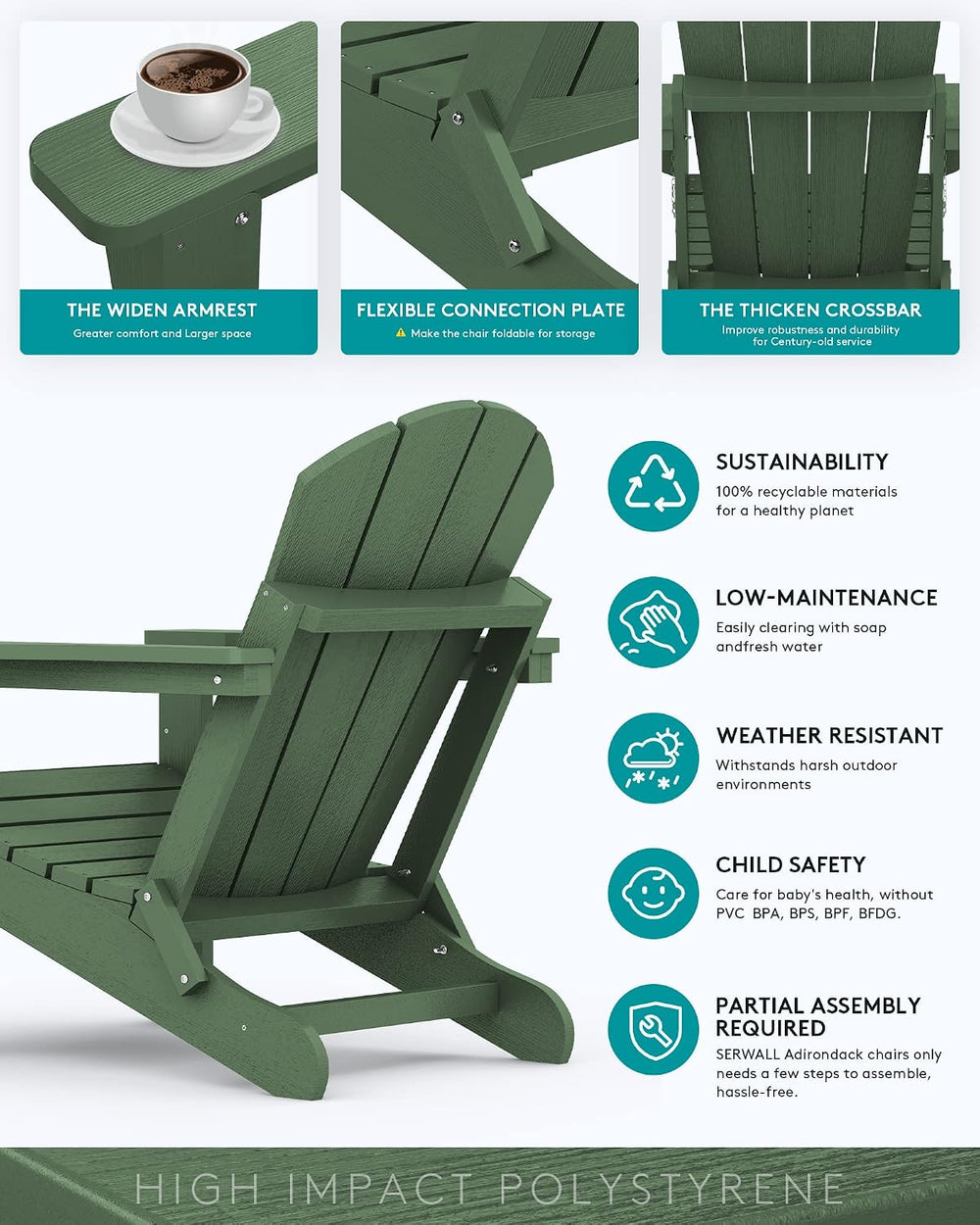SERWALL Folding Adirondack Chairs Set of 4,Patio Chair with Cup Holder-Army