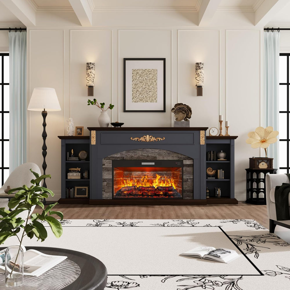 80" Fireplace TV Stand with Mantel, Navy Blue Entertainment Center with ...