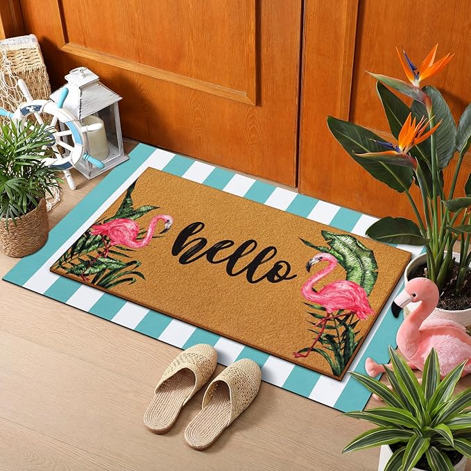 Tinideya 2 Pcs Summer Door Mat Flamingo Welcome Non Slip Coir Hello Mats Floo...