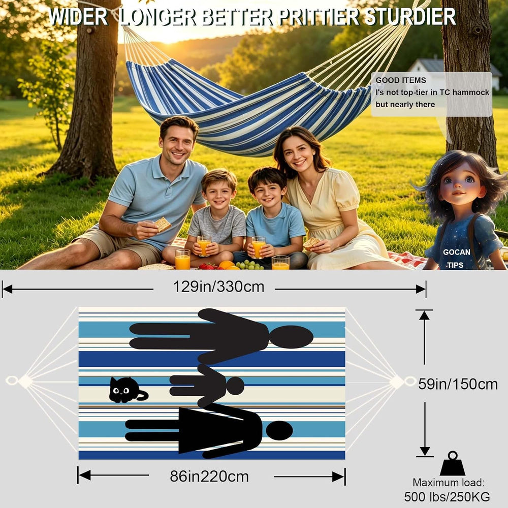 GOCAN Hammock 2 Person Outdoor bedsize 220 x 150cm（blue and white）