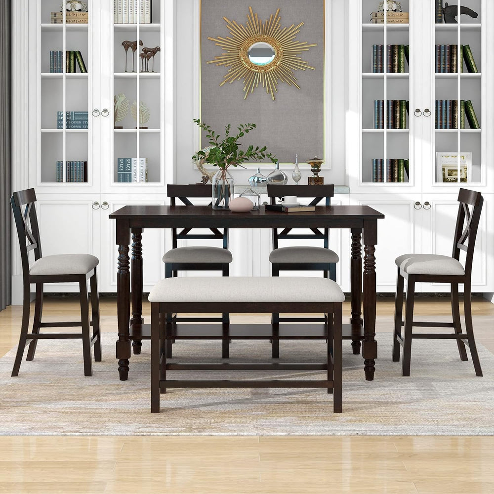 Merax 6-Piece Counter Height Dining Table Set, Solid Wood Kitchen Dining Room...