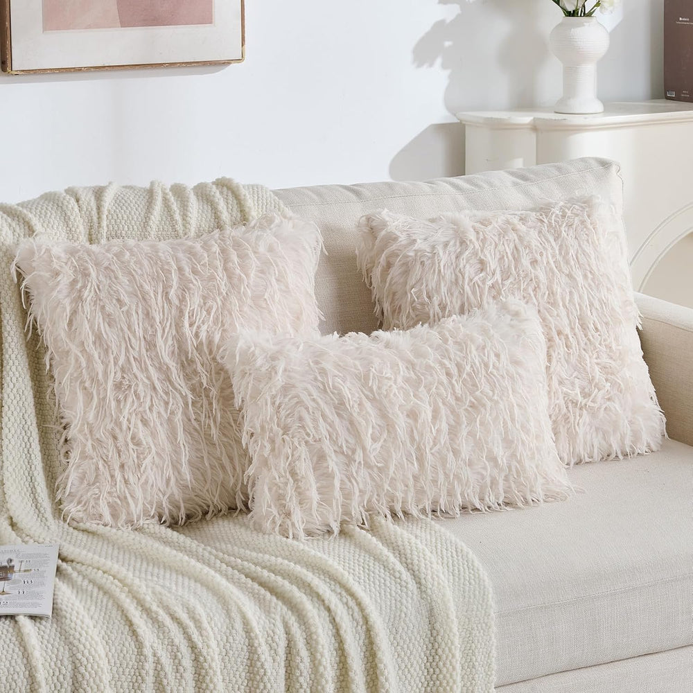 FUTEI Pack of 2 Fluffy Faux Fur Throw Pillow Covers 18x18 Inch, Cream White