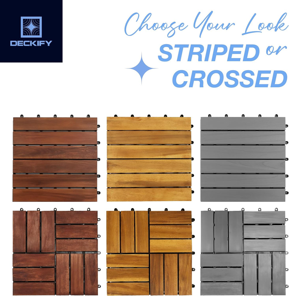 9-Piece Acacia Wood Interlocking Deck Tiles, Dark Brown Striped