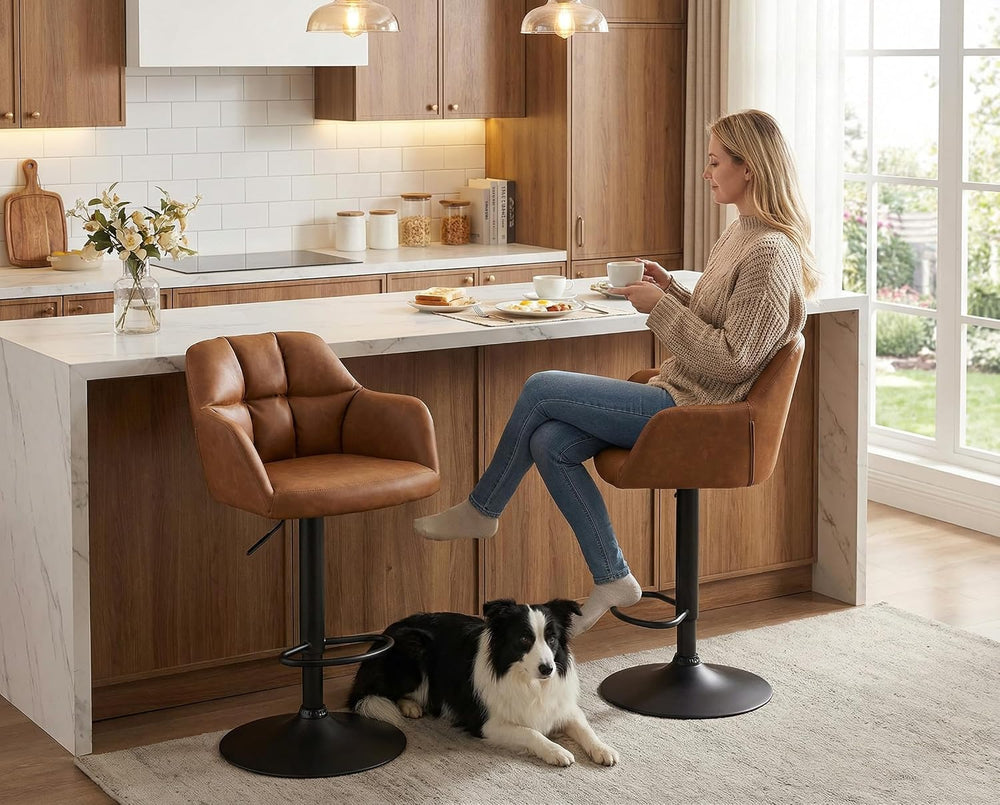 ROCITY Swivel Bar Stools Set of 2, Adjustable Height, Brown Faux Leather