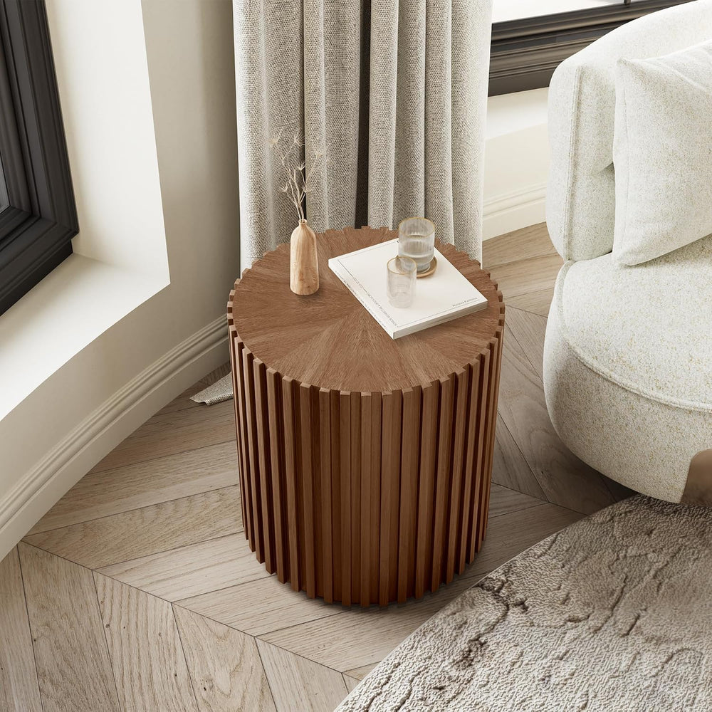 POVISON Round Coffee Side Table, Mid Century Wood End Table, Fluted Side Tabl...
