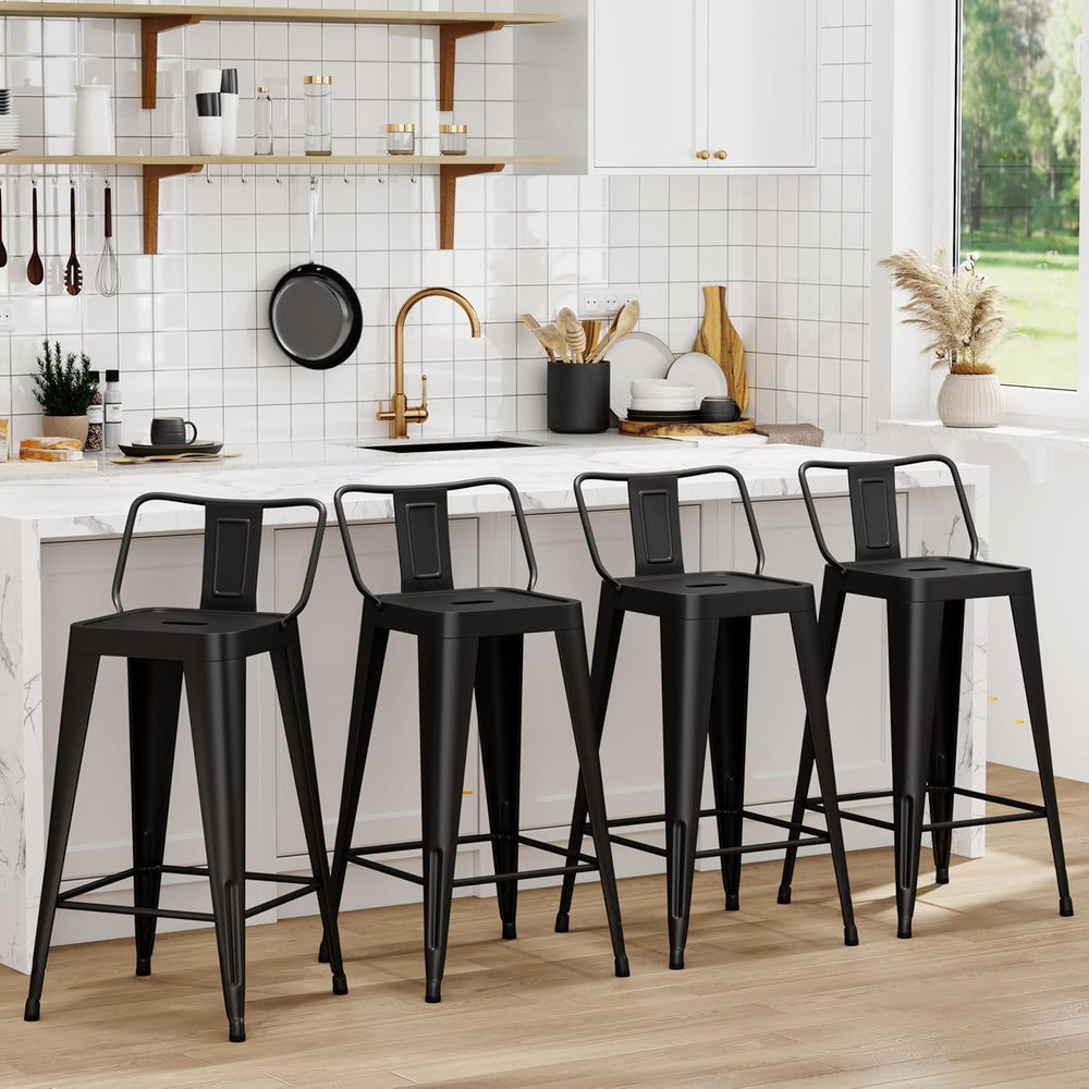 WENTMENT Metal Bar Stools Set of 4 Counter Height Black Barstools with Remova...