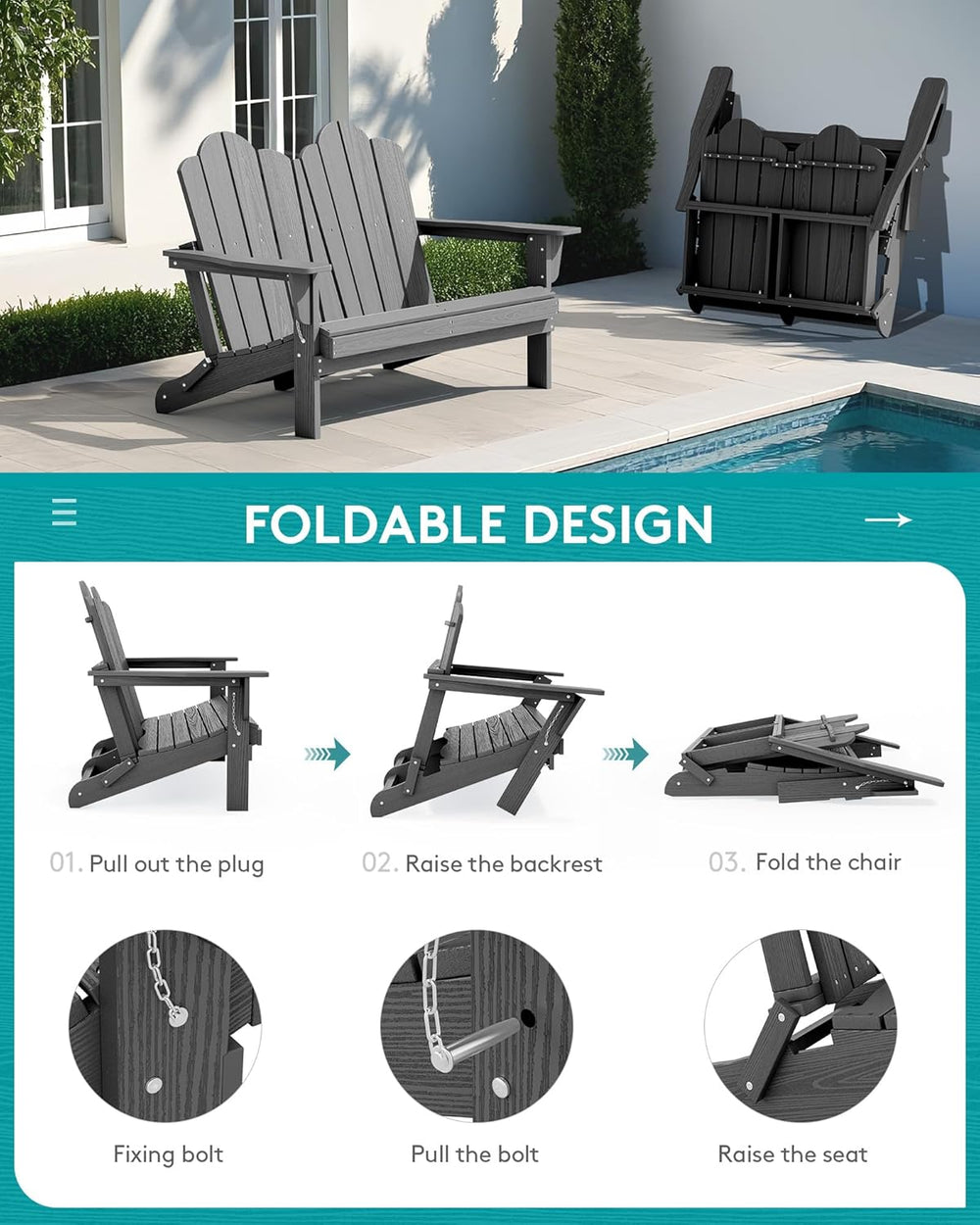 SERWALL Folding Adirondack Bench, HDPE All-Weather, 660lbs Cap, Grey