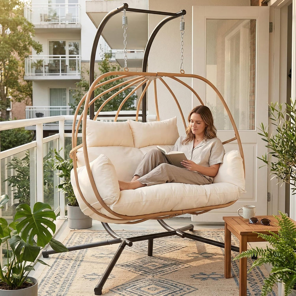 Hanging Chairs with Stand, All Weather Double Egg Chair Outdoor, Metal Hangin...