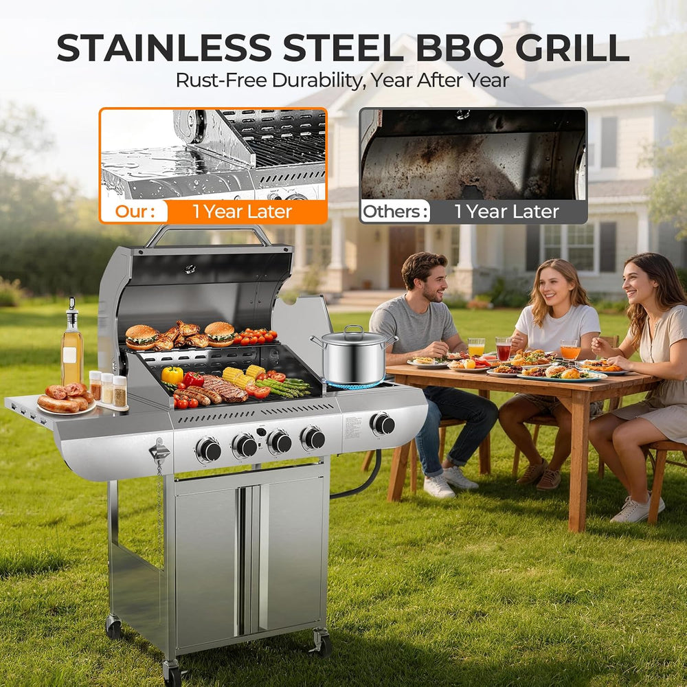 Kismile 4-Burner Propane Gas Grill with Side Burner, Stainless Steel 42,000 B...