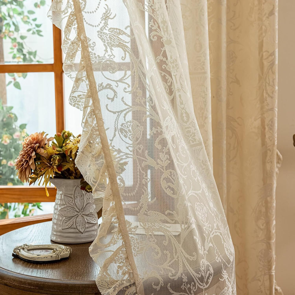 TUDECO Beige Lace Curtains 84 Inches Long, Vintage Ruffle, 2 Panels