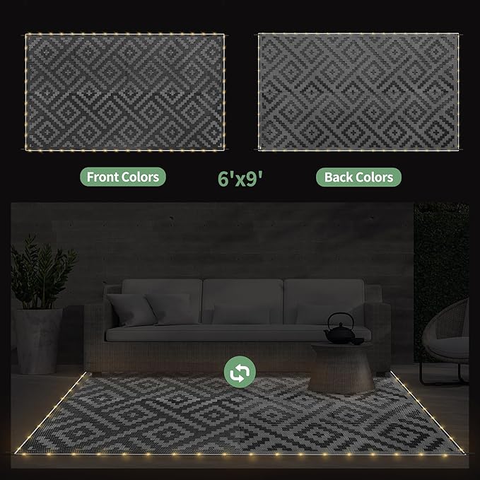 GENIMO Outdoor Rug with LED Strip Lights, 6'x9' Waterproof Camping Ma...