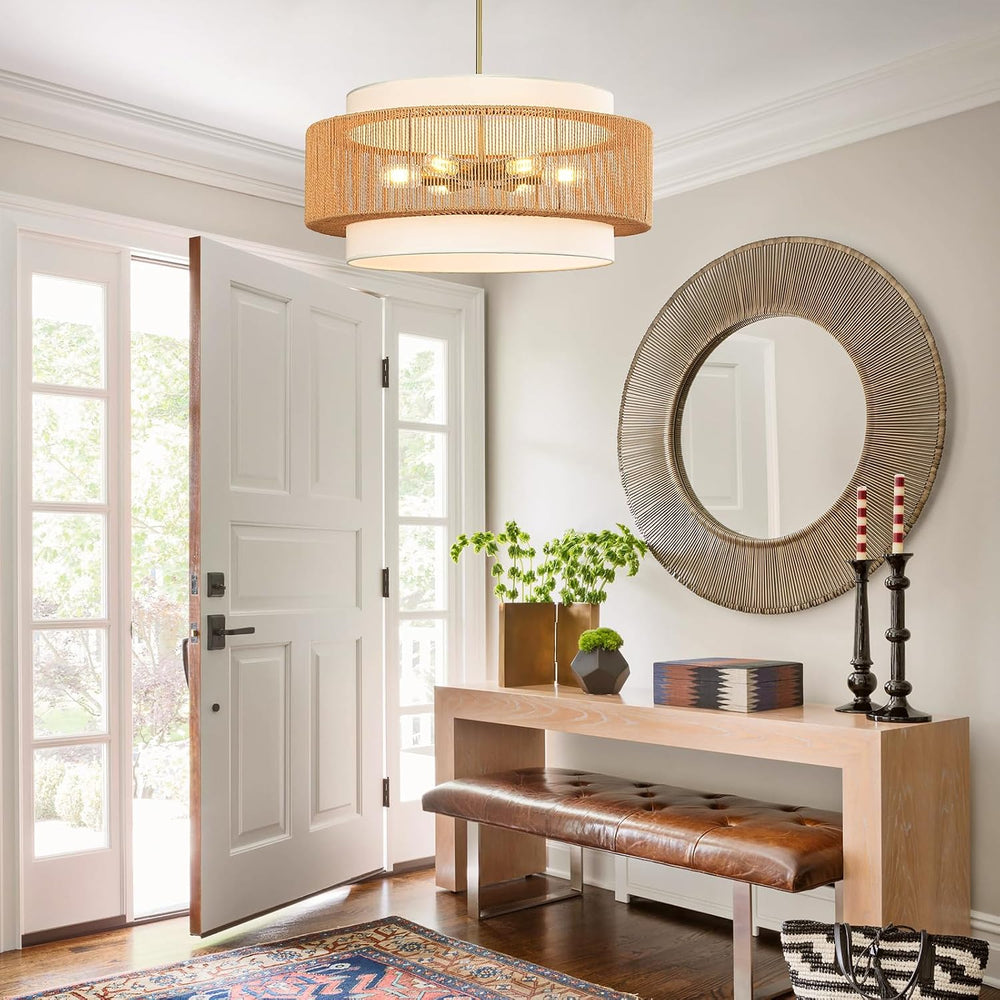 25.6" Rattan Chandelier for Dining Room, 6-Light Boho Pendant Light