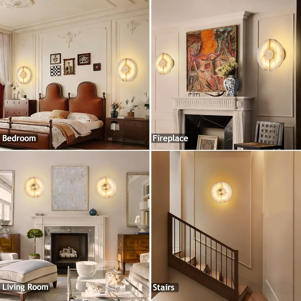 White Alabaster Wall Sconce Brass Natural Marble Wall Sconce Vintage Gold Rou...