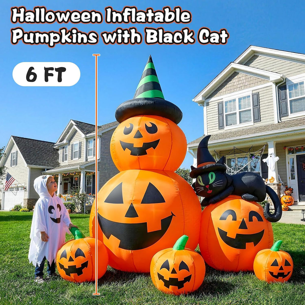 6 FT Halloween Inflatable Pumpkins with Witch’s Black Cat, Spooky Blow up Outdoor Yard Decorations, Built-in Bright LED Lights for Outside Garden Lawn Porch Patio Balcony Holiday Home Party Decor