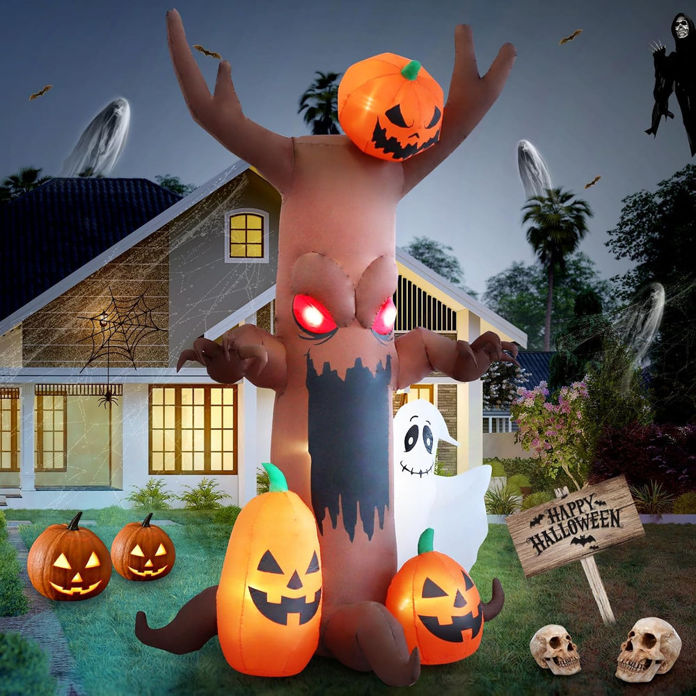 9 FT Ghost Pumpkin Tree Halloween Inflatable Decoration with LED Lights for O...