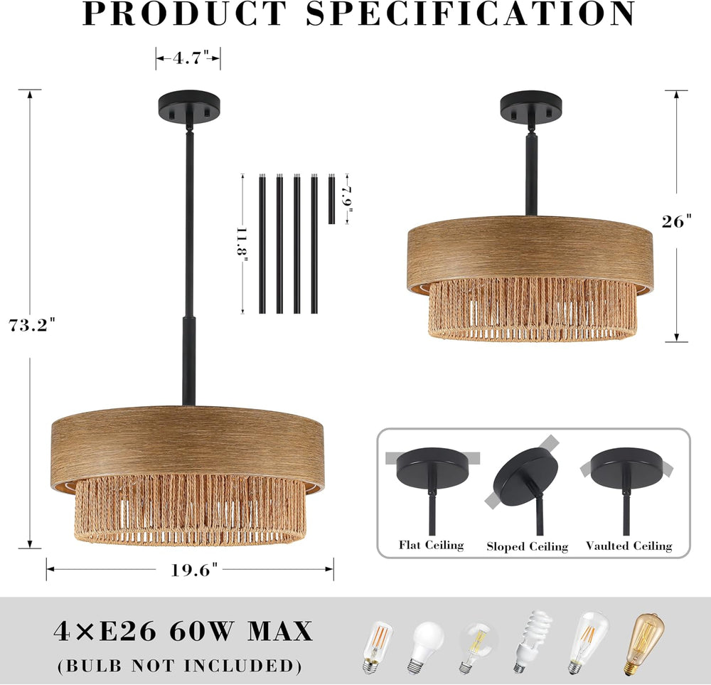 19.6" Large Wood Texture Drum Chandelier for Dining Room with Woven Rattan