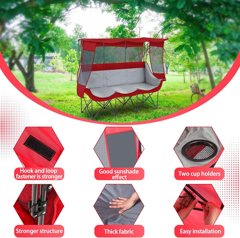 Teenyyou 3 Person Camping Chair with Canopy, 700lbs Heavy Duty, Dark Red